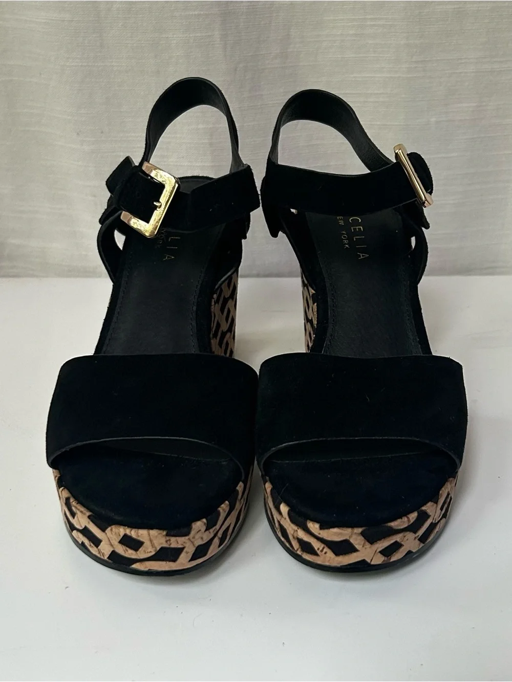 CECELIA NEW YORK Black Suede Platform Wedges with Patterned Cork